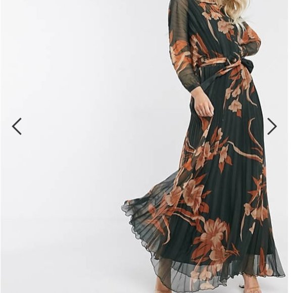 ASOS DESIGN blouson pleated maxi dress with self belt in floral print - Picture 1 of 5